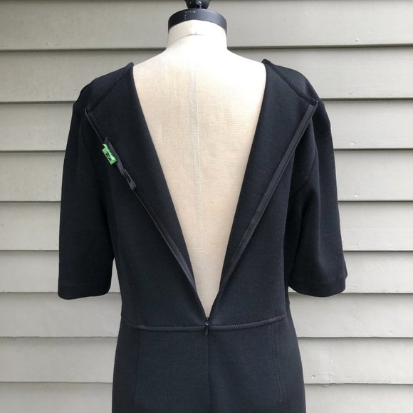 ST. JOHN Caviar Milano Knit Front Slit Split Neck Midi Length Black Sheath Dress - Picture 8 of 16